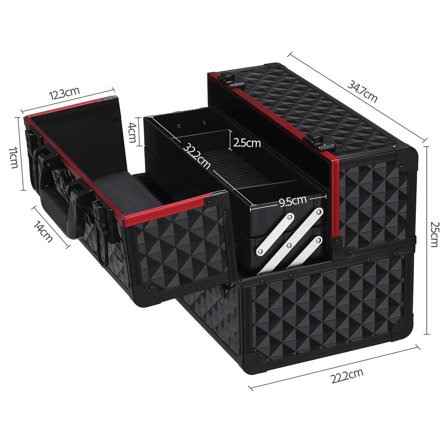 Yaheetech Professional Makeup Box Extra Large Cosmetic Case with 4 Trays, Beauty Nail Polish Jewellery Case Train Case Lockable, Black/Red