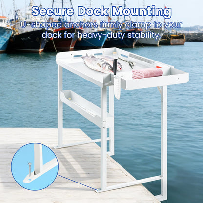 Professional Dock Mounted Fish Fillet Table, 38.6" Large HDPE Cleaning Station with Heavy Duty Steel Frame, Tool Trays & Integrated Drainage for Docks & Marinas (40" Tall Ergonomic Design)