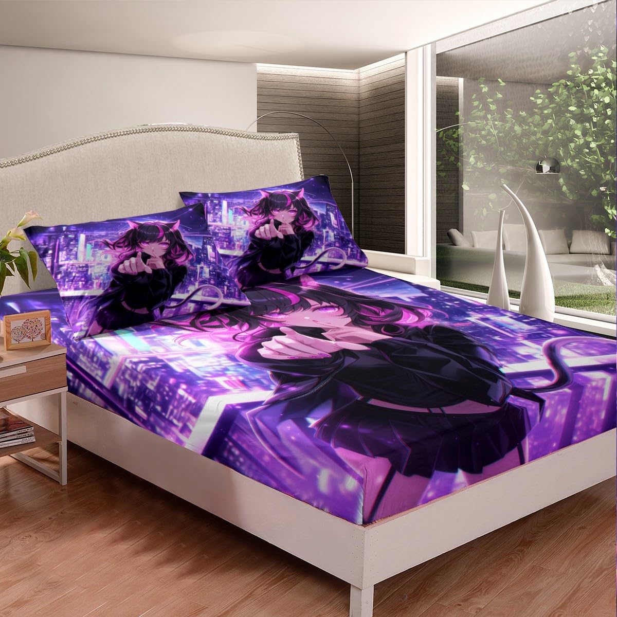 Erosebridal Kids Anime Girl Twin Size Sheet Set, Japanese Anime Bed Sheets, Cartoon Girl Fitted Sheet Top for Boys Teens Bedroom, Kawaii Japanese Animation Bedding Set with 1 Pillow Case