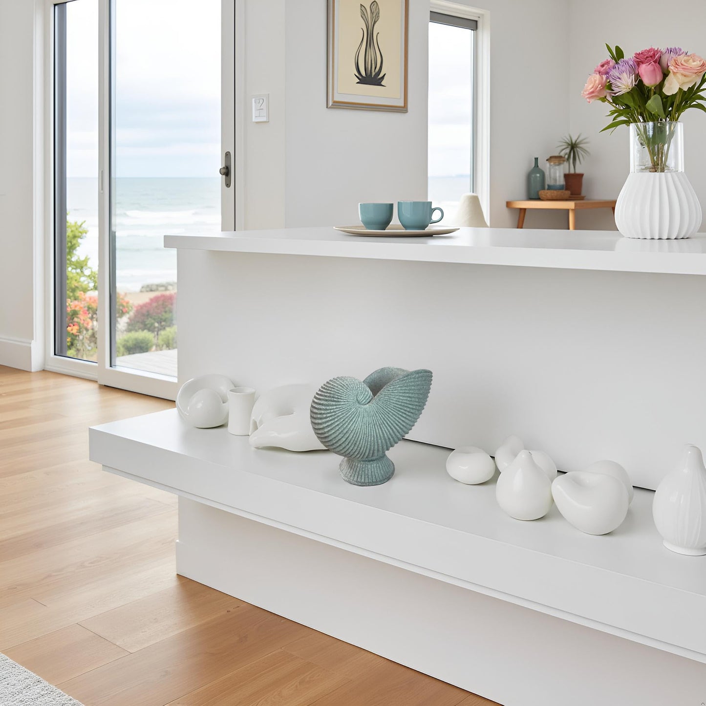 Dwelloria Nautilus Shell Sculpture – Gray White Resin Spiral Shell Decor, Modern Coastal Home Accent