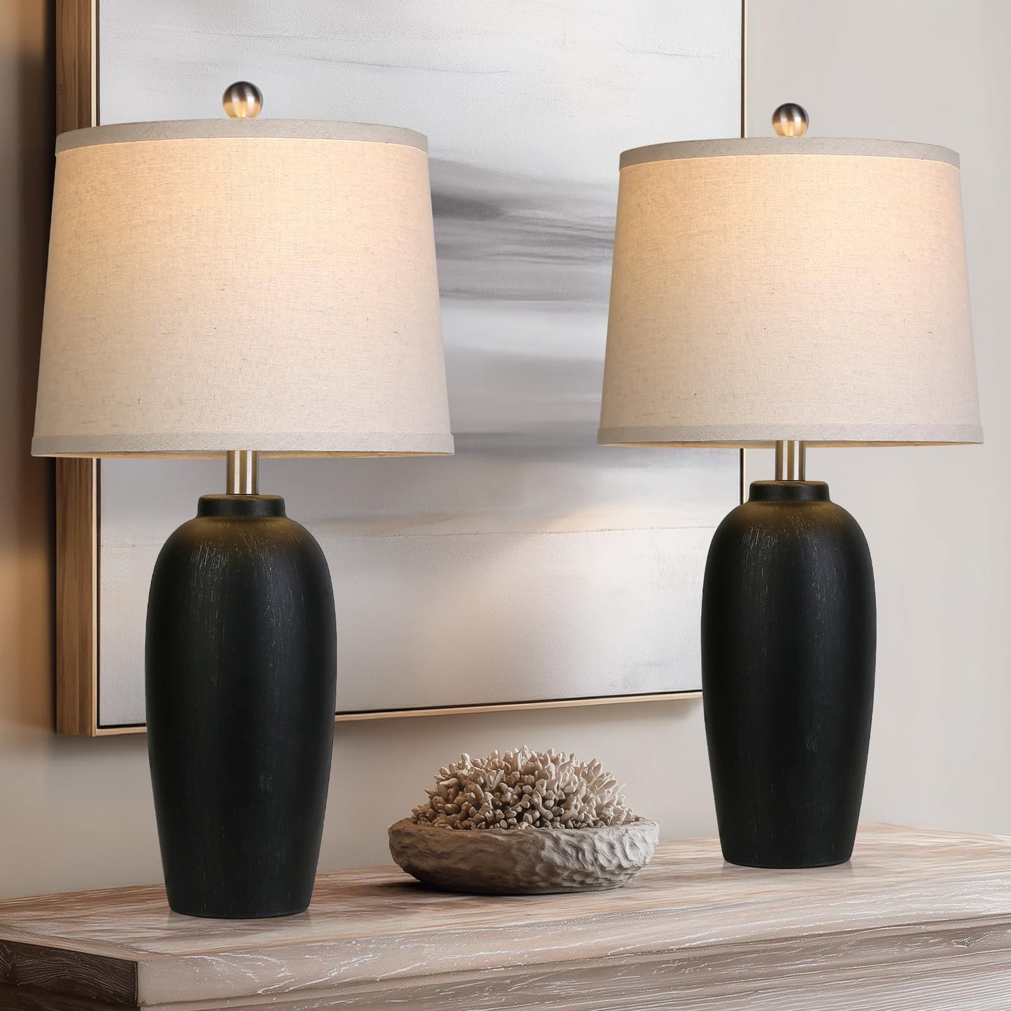 MOUVOVO Jar Table Lamps Set of 2, 25" Ceramic Bedside Lamps for Living Room, Black Farmhouse Nightstand Lamps for Bedroom