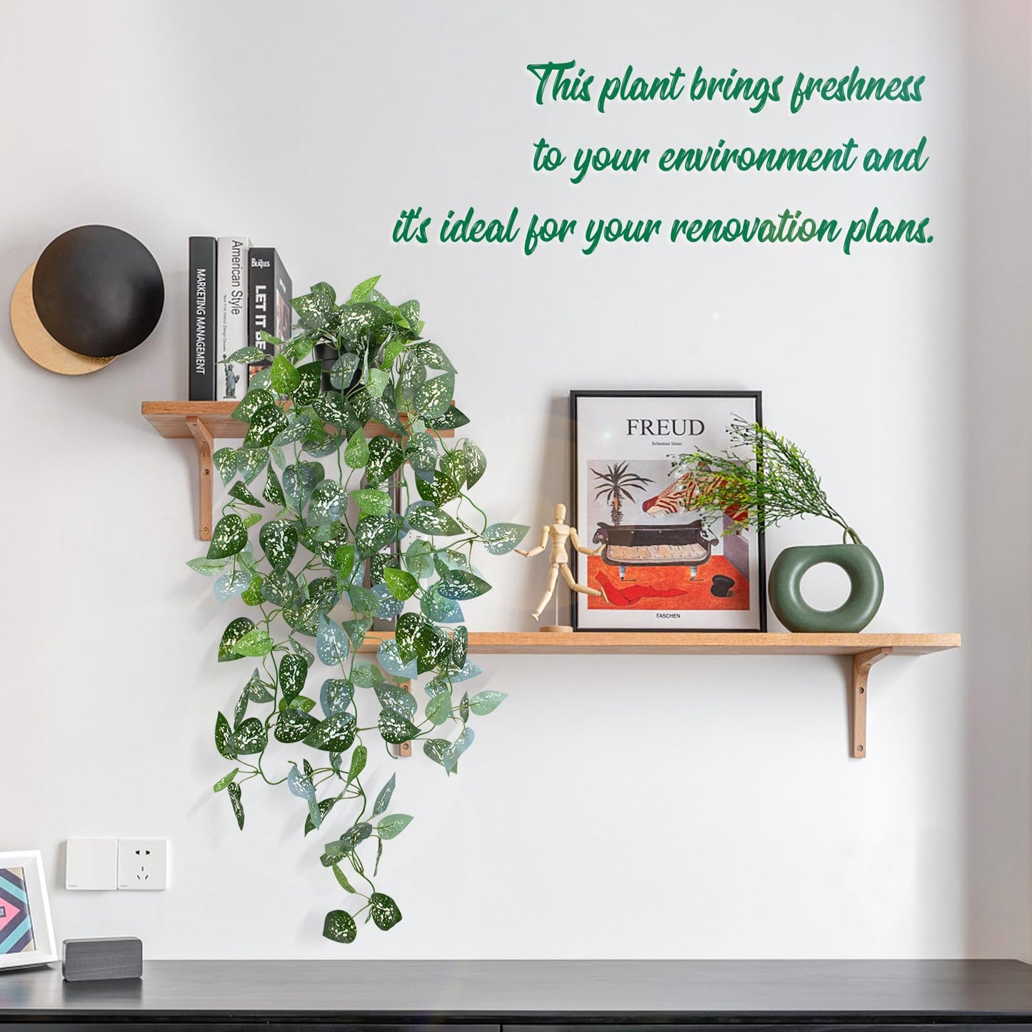 LOYWREE 39-in Long Fake Hanging Plant with Pot Faux Pothos Artificial Potted Plants Small Faux Ivy Vine Plant for Indoor Outdoor Aesthetic Office Living Room Shelf Decor (Black Pot)