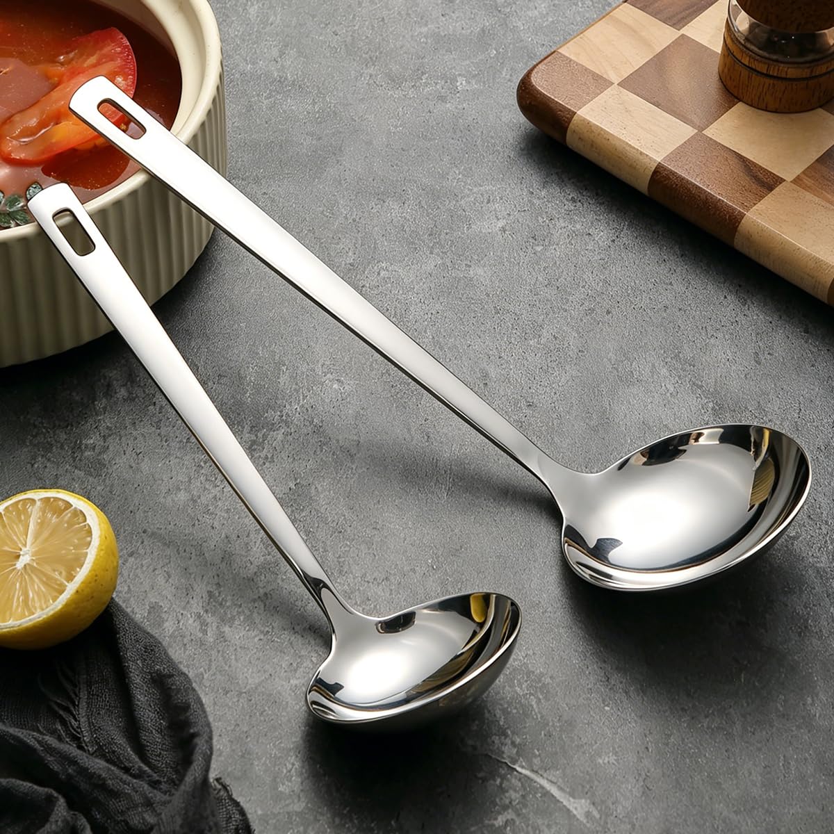 Kyraton 2 Piece Soup Ladle Set, 11.8" Large & 9.6" Small Stainless Steel Ladles, One-Piece Ergonomic Cooking Spoons, Dishwasher Safe Heavy Duty Serving Utensils for Home Kitchen Soup Sauce Noodle