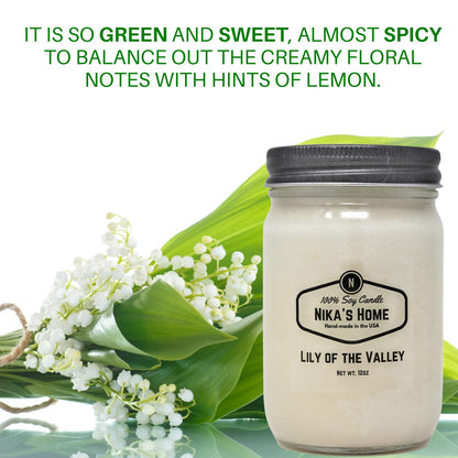 Nika's Home Lily of The Valley Soy Candle - 12oz Mason Jar - Non-Toxic - Hand Poured in The USA, Long Burning 50-60 Hours Highly Scented All Natural, Clean Burning