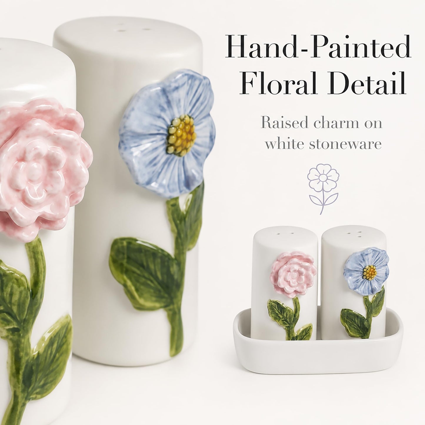 Mud Pie Stoneware Flower Salt And Pepper Shaker Set