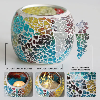 Votive Candle Holders for Table Centerpiece (NO Candles) Wedding Dinner by Candlelight,Tea Light Holders Mosaic Candle Holdes Candlescape Bowl for Valentine's,Christmas Party Decor 1 PC(Rainbow)