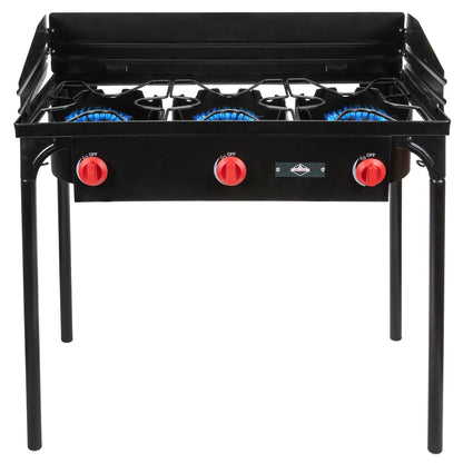 Hike Crew Cast Iron 3-Burner Outdoor Gas Stove | 225,000 BTU Portable Propane Cooktop w/Blue Flame Control, Removable Legs, Temperature Control Knobs, Wind Panel, Hose, Regulator & Storage Carry Case