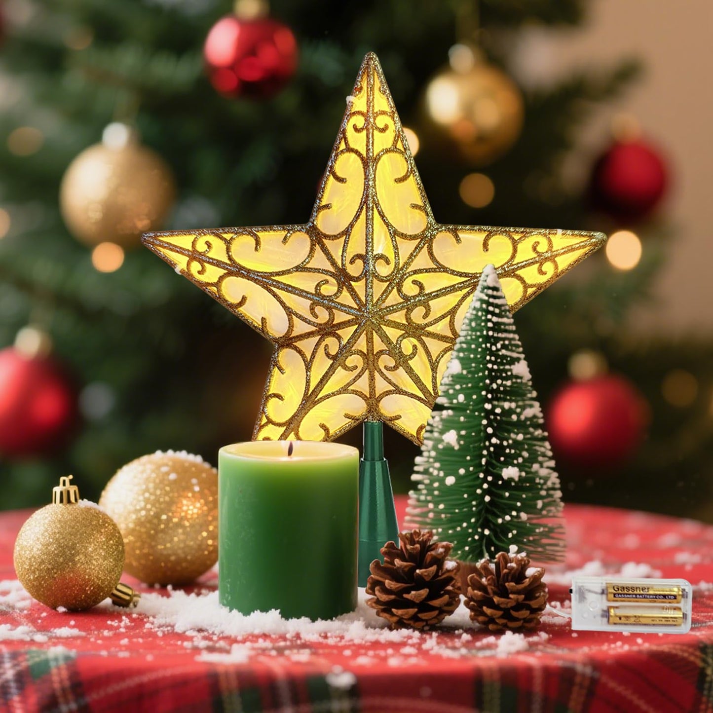 Christmas Star Tree Topper, Gold Glittered 3D Star Tree Topper, with Warm White LED Lights String Lights for Indoor Office Christmas New Year Holiday Tree Decoration