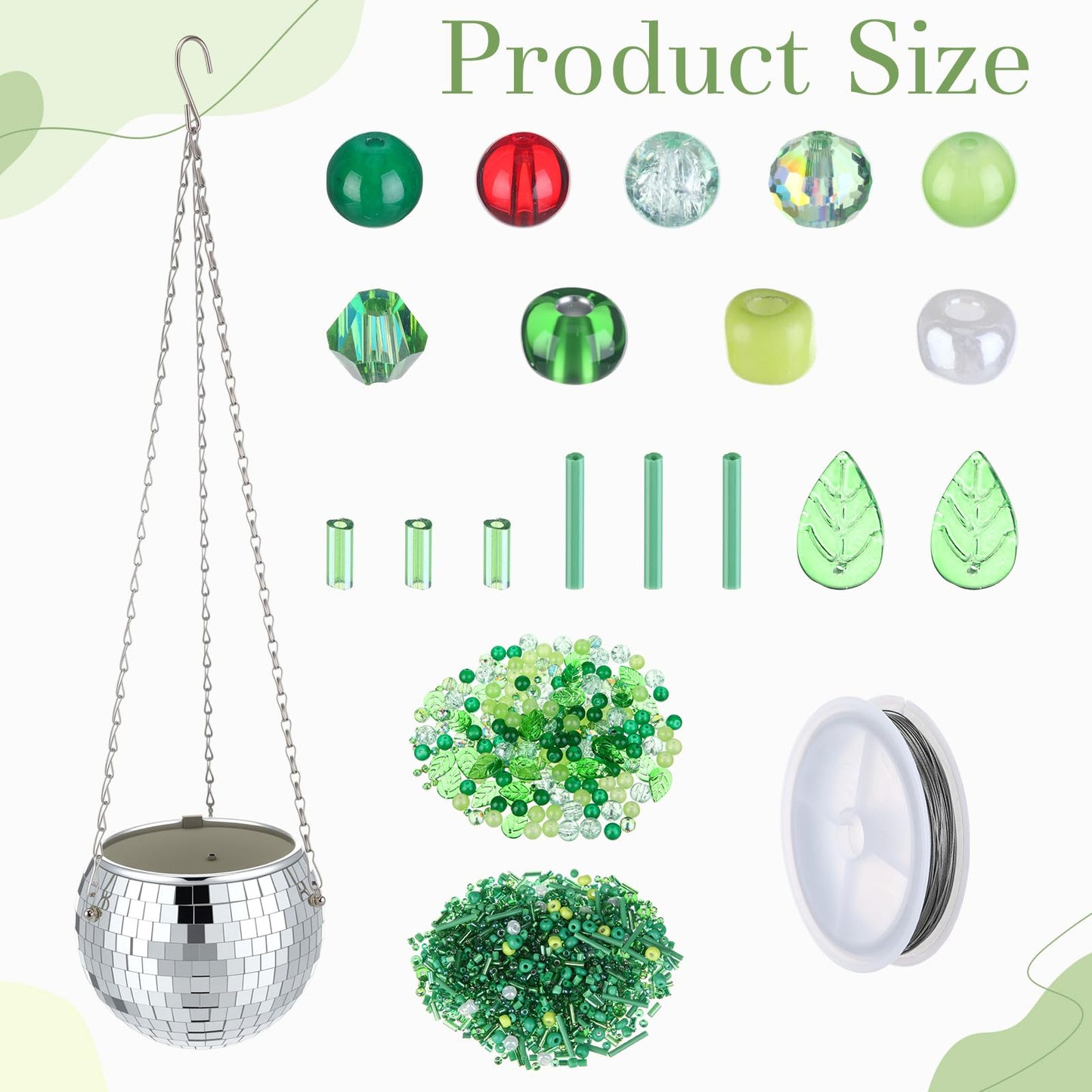 Potchen 1260 Pcs DIY Beaded and Planter Set, Glass Beaded Plant Making Kit with Hanging Rope Green Nature Series Colorful Crystal Leaf Jewelry Beads for Planer Crafts (Disco)