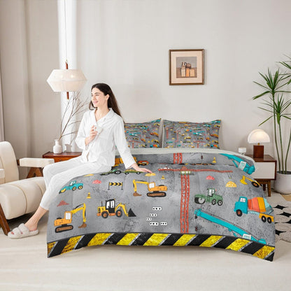 Erosebridal Kids Excavator Bed in A Bag 7 Piece Tractor Truck Comforter Set Twin Size Construction Vehicle Bedding Sets for Kids Teens Boys Girls Equipment Heavy Blender Sheet Set