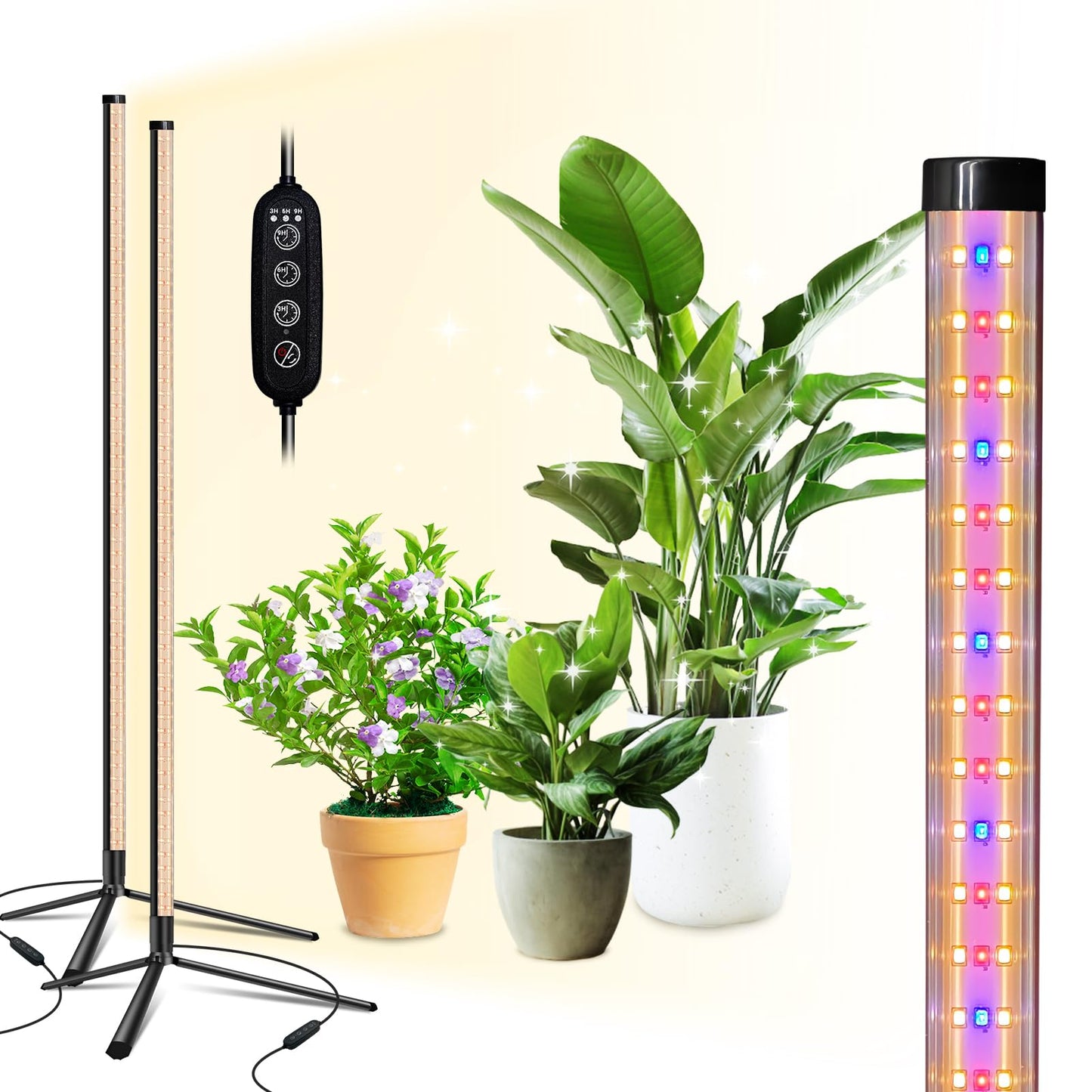 Standing Grow Light for Indoor Plants with Timer,42W Full Spectrum Vertical Grow Lights for Indoor Plants,4FT T8 243LED Plant Lights for Indoor Growing with On/Off Timer Function, 2 Pack