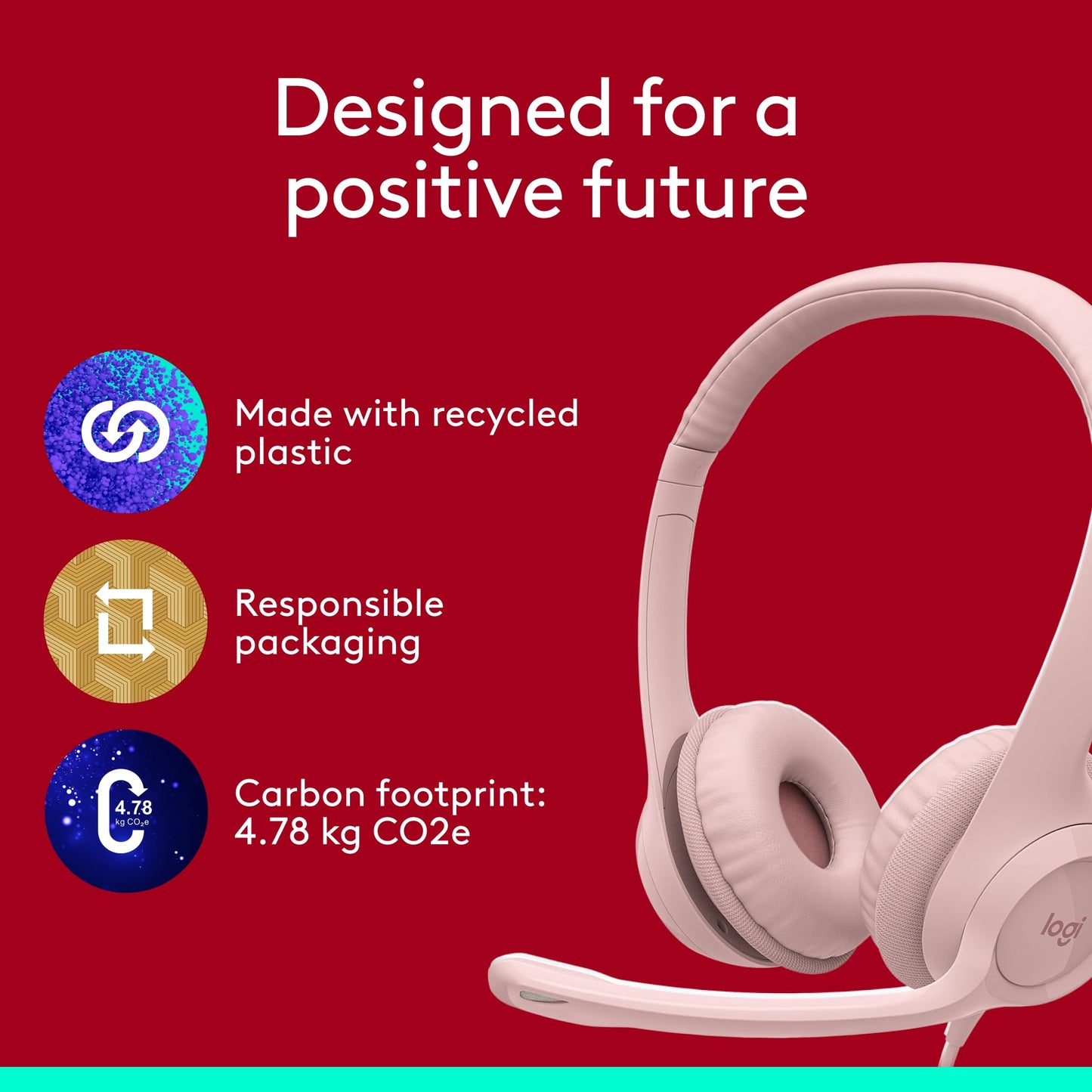 Logitech H390 Wired Headset for PC/Laptop, Stereo Headphones with Noise Cancelling Microphone, USB-A, in-Line Controls, Works with Chromebook - Rose