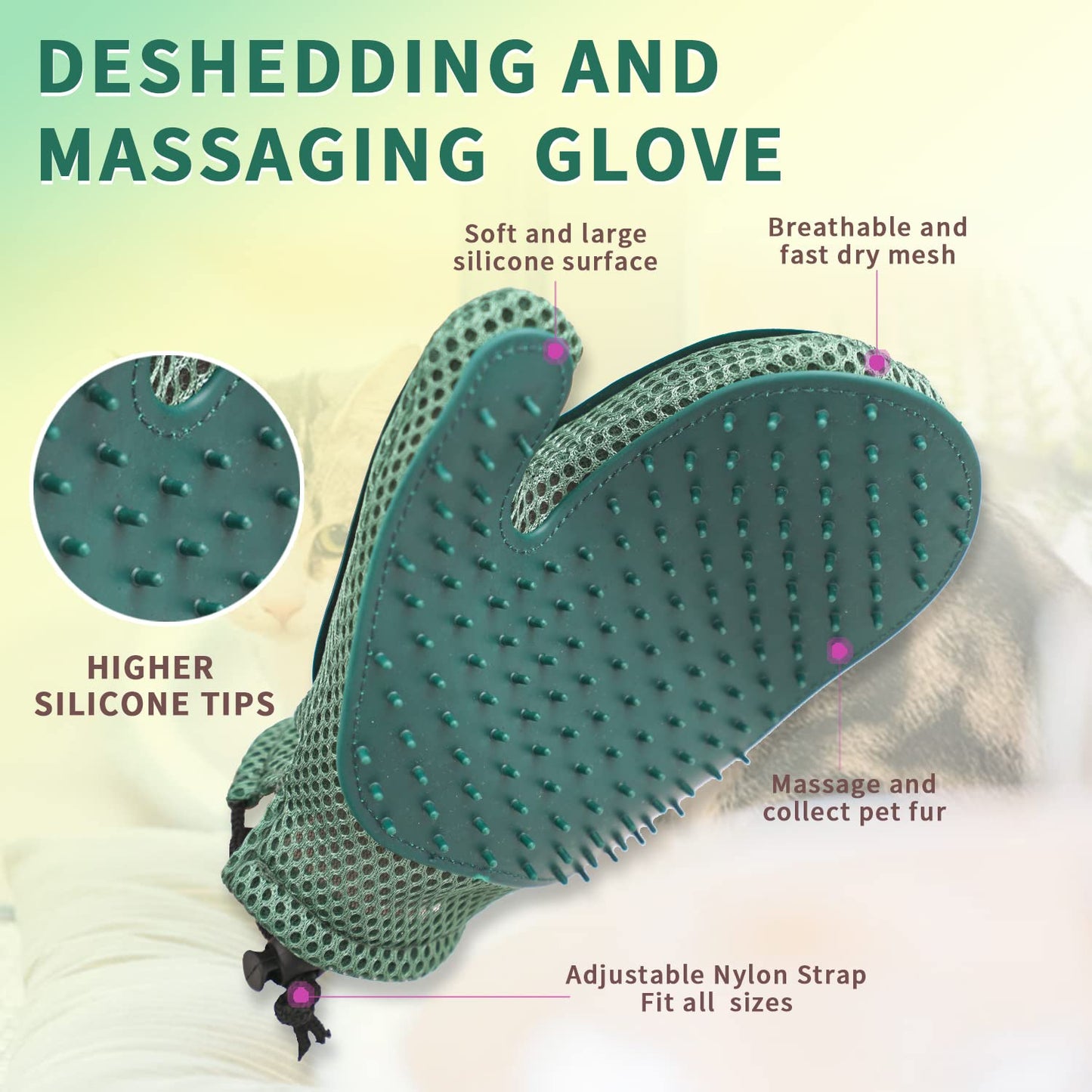 Mollypaws 2 in 1 Cat Fur Glove & Pet Hair Remover Glove, Dog Grooming Glove Brush for Shedding, Massage, Efficient Pet Hair Remover Mitt for Cleaner Couch, Carpet [Blue/Single]