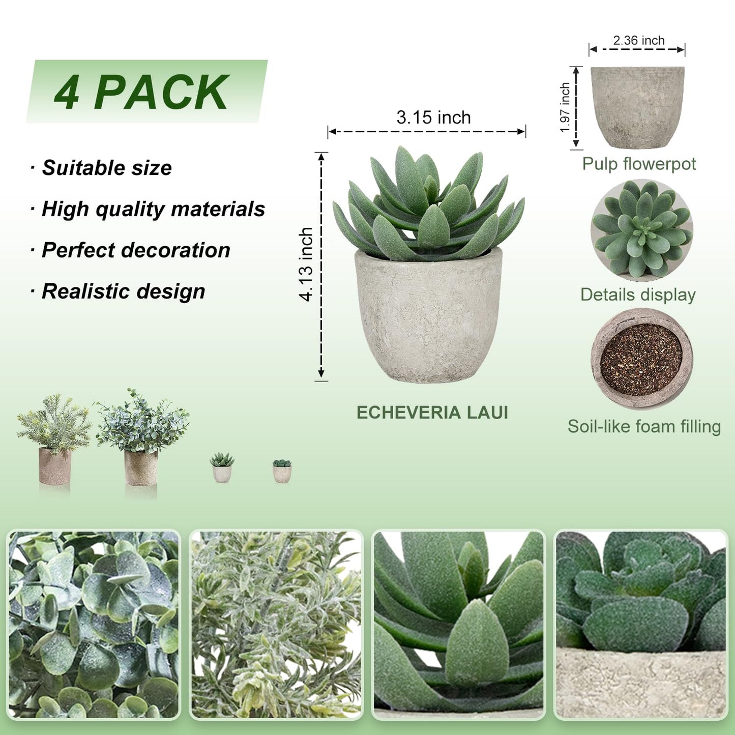 4 Pack Small Fake Plants in Pots, Artificial Eucalyptus Plants & Succulents, Mini Faux Plants for Desk Shelf Office Decor, Realistic Fake Potted Plants Indoor Home Decor