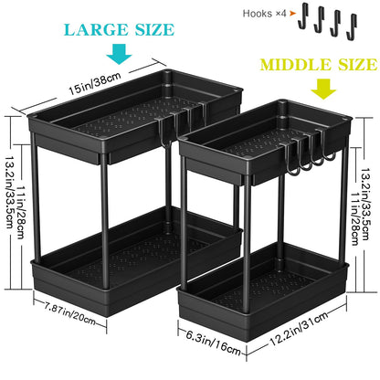 PurKeep 2 Pack Under Sink Storage - 2 Tier Kitchen Storage and Organisation Cupboard Organiser, Under Sink Shelf, Under Cabinet Organizer with Hooks, for Bathroom Kitchen Countertop, 2 Size 1L+1M
