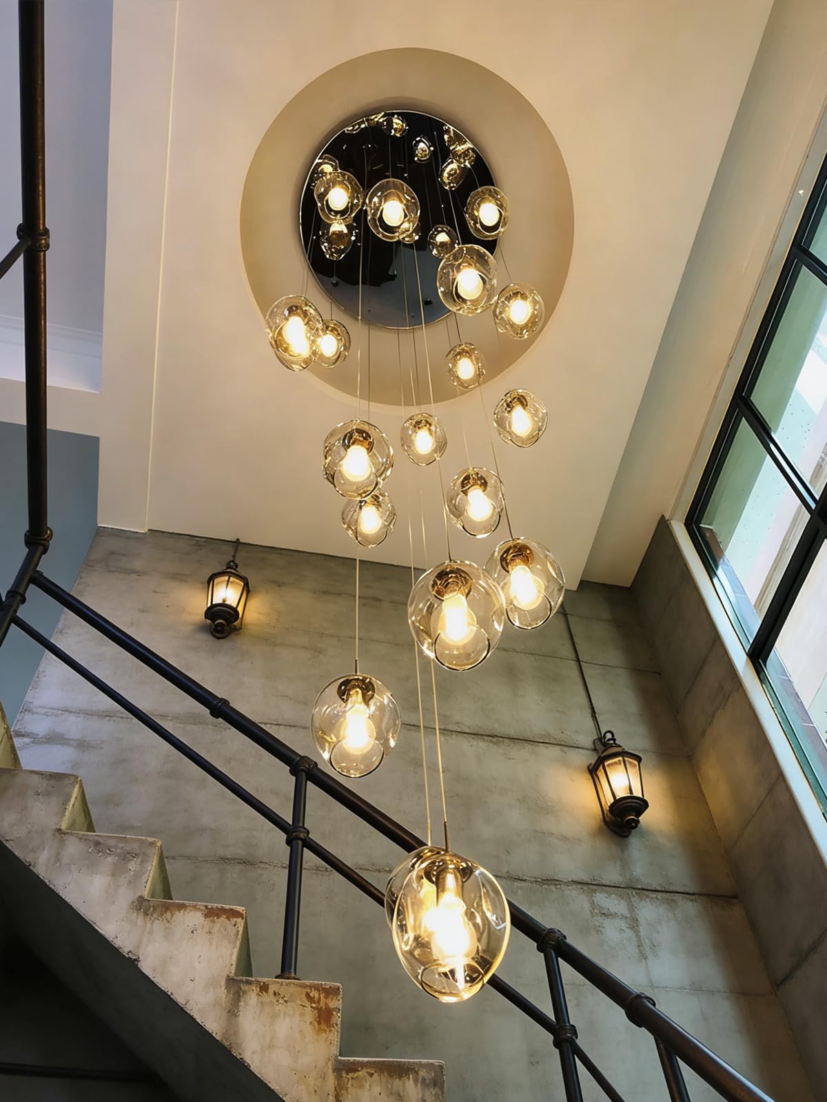 Meimond Long Chandeliers for High Ceilings,Modern Crystal Balls Pendant Light,Globe Raindrop Drop Lamp,Flush Mount Hanging Lighting Fixtures for Spiral Staircase,Foyer,Entryway,Living,15 Lights