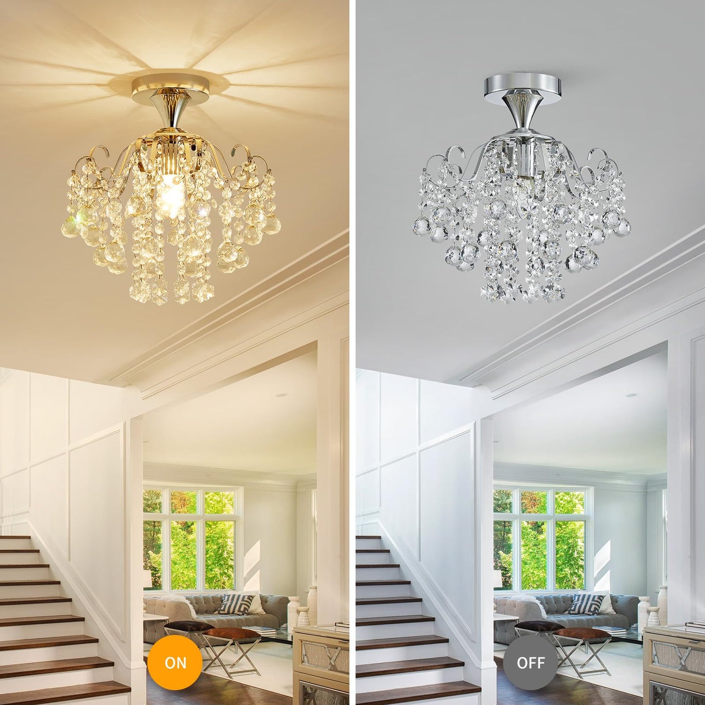 WUZUPS Crystal Chandelier Flushmount Ceiling Light Modern Lighting Fixture for Bedroom Hallway Bar Kitchen Bathroom, H 13.4" x W 12.6", E26 Base, Chrome