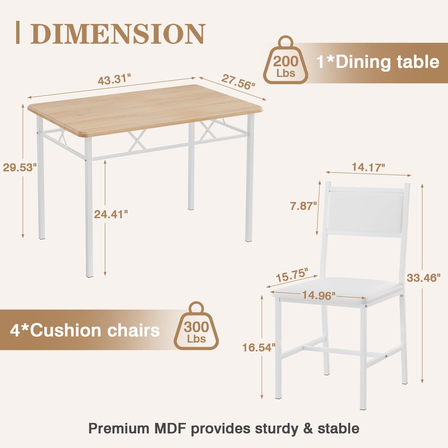 VECELO Dining Table Set for 4 with Chairs, 5-Piece Kitchen Table and Upholstered Padded Chairs Set for Small Space, Dining Room, Apartment, Natural White