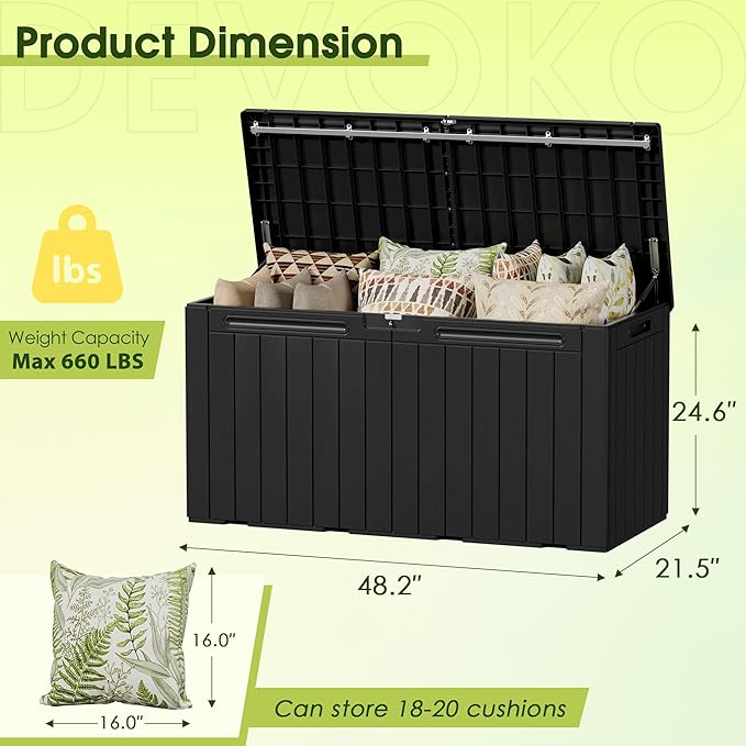 Devoko 100 Gallon Outdoor Storage Box, Waterproof Resin Deck Box for Patio Furniture, Lockable Container for Garden Cushions & Pool Supplies (Black, 100 Gallon)