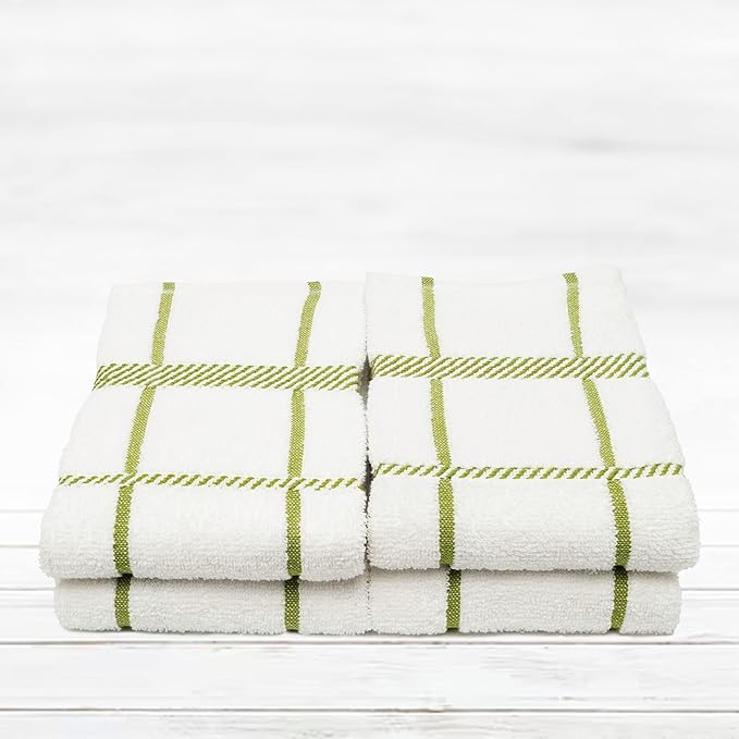 100% Cotton Terry Dish Towels, 4 Pack Checks, 16 x26 Inches, Super Soft and