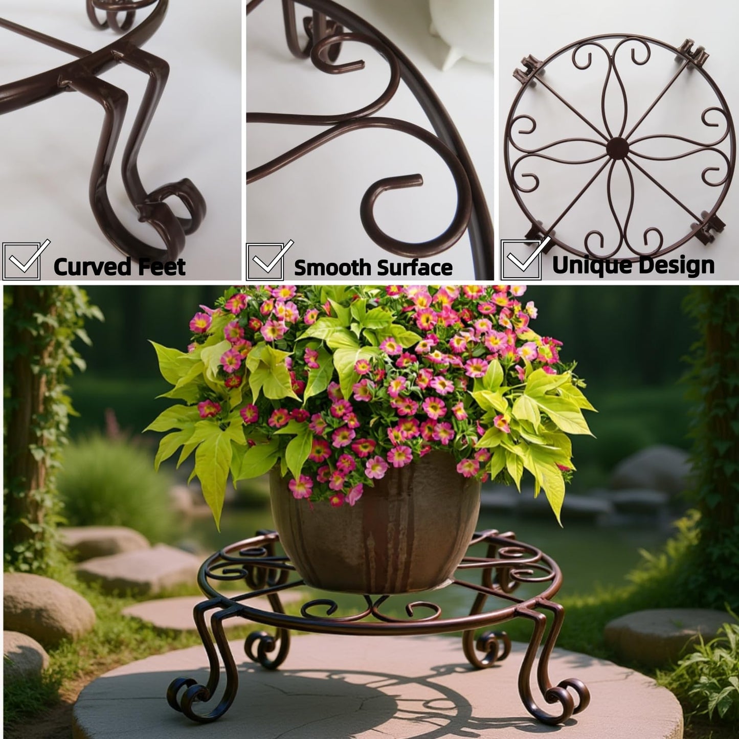 DearyHome 2 Pack 12" Plant Stands, Heavy Duty Rustproof Metal Plant Holders for Indoor and Outdoor Use, Wrought Iron Round Flower Stands for Patio, Balcony, and Garden (Bronze)