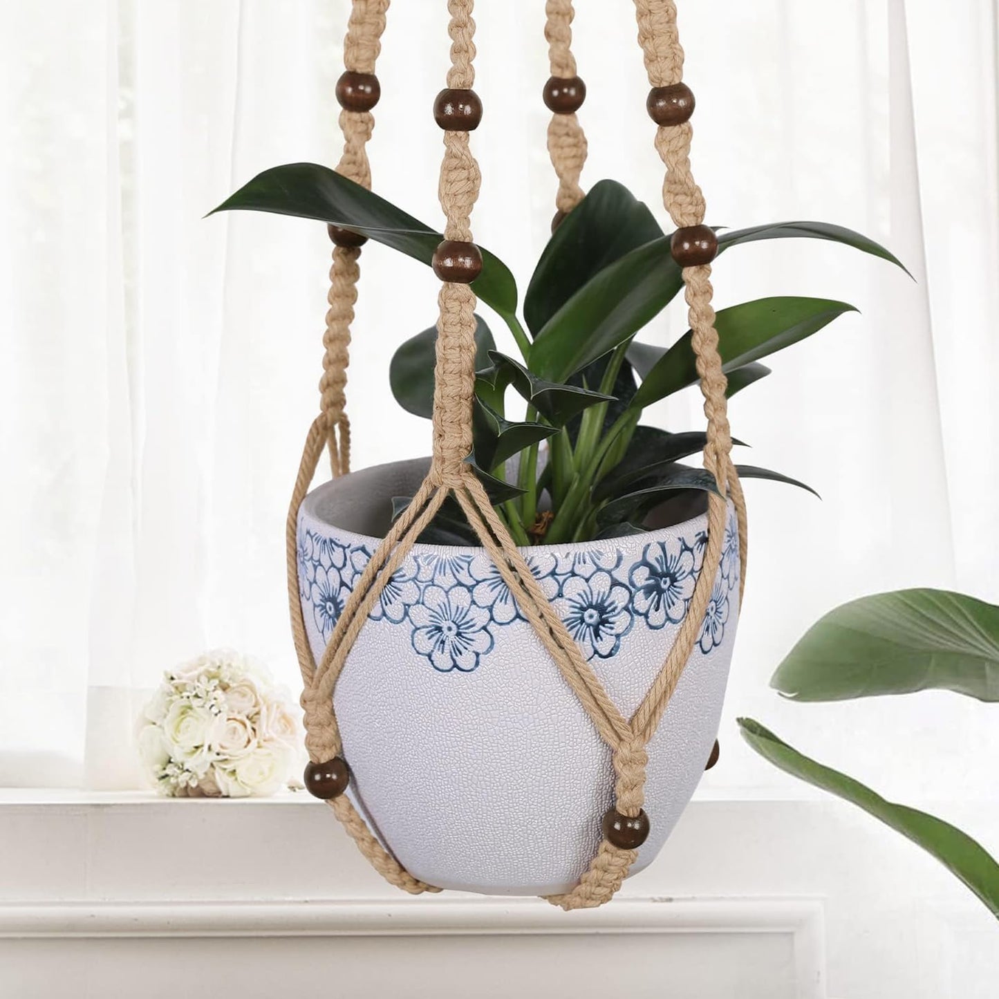 MKO SHUN 3-Pack Macrame Plant Hanger Indoor - Hanging Planter Basket for Indoor Outdoor - Decorative Boho Plant Holders Set with Beads - Ceiling Flower Pot Holder with 6 Hooks - 35"/30"/24" Linen