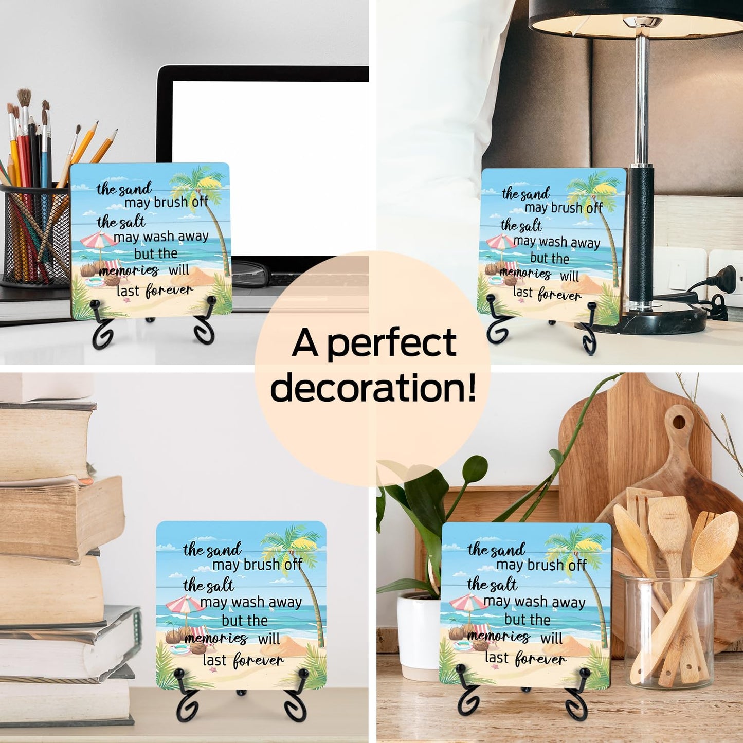 Beach Wooden Sign Desk & Shelf Decor Plaque – "The Sand The Salt" Room Accent with Stand – Coastal Summer Decorations for Home Office, Beachy Room, Bathroom – Beach Gifts for Women, Vacation Gift