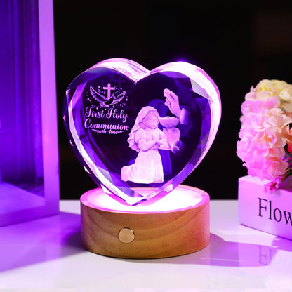 Arikyrist 3D Crystal First Holy Communion Gifts for Girls Women Crystal Heart Laser Engraving Communion Baptism Statue with Wooden Light Base Glass Religious Catholic Christian Decor