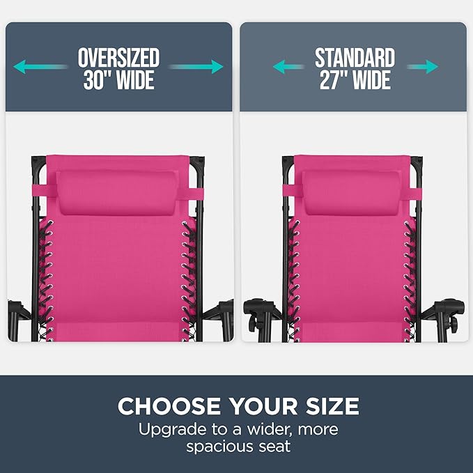 Best Choice Products 30” Wide Folding Zero Gravity Outdoor Recliner Patio Lounge Chair w/Adjustable Canopy Shade, Headrest, Side Accessory Tray - Hot Pink/Black