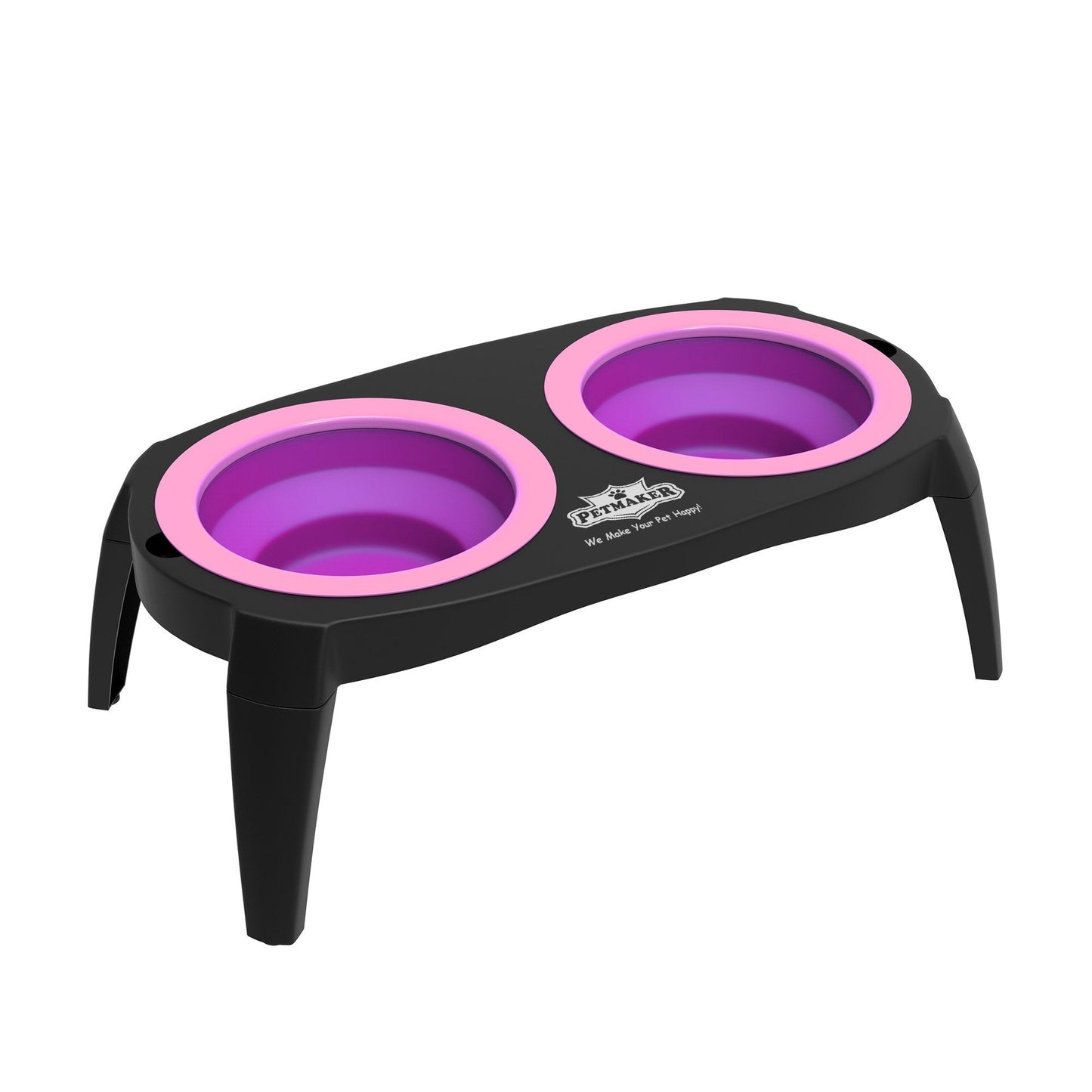 Elevated Cat and Dog Food Bowls with Non-Slip Stand - Removable and Collapsible Silicone Feeder for Food and Water - 16-Ounces Each by PETMAKER (Pink)