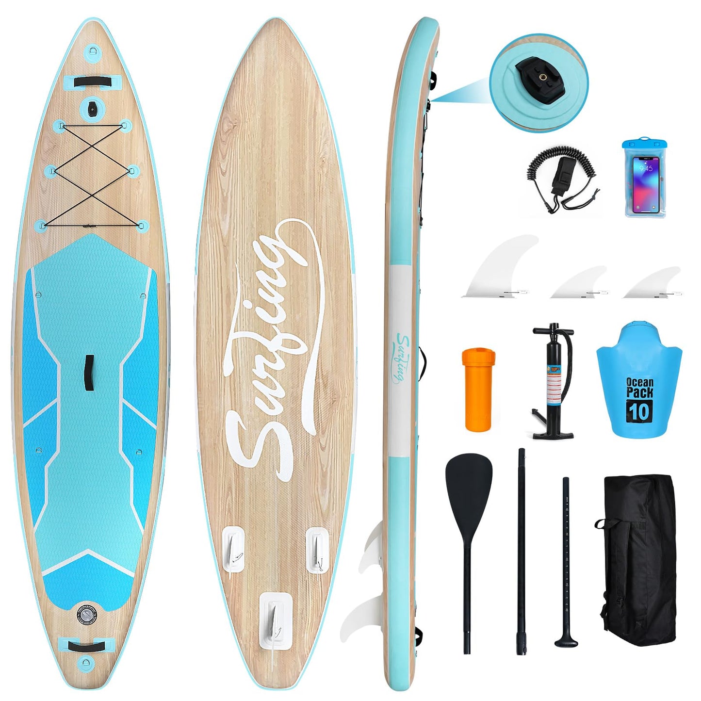 YUSING Inflatable Paddle Board, 10'6" x 33'' x 6" SUP, Paddle Boards for Adults, Non-Slip Deck SUP Paddle Board with SUP Accessories,3 Removable Fins (Wood)