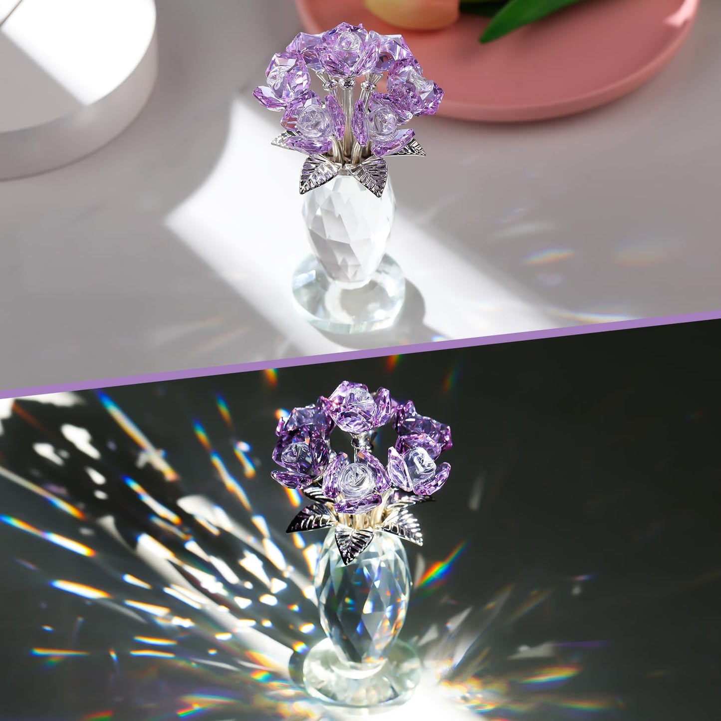Arikyrist Crystal Purple Rose Flower Gifts for Women Collectible Glass Roses Bouquet Romantic Crystal Rose Figurines for Adults on Birthday Wedding Christmas