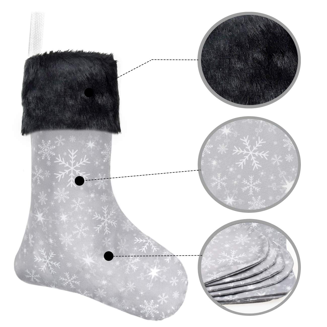 Senneny Christmas Stockings- 4 Pack 18" Grey and White Snowflake Christmas Stockings with Black Plush Faux Fur Cuff, Large Christmas Stockings Decorations for Family Christmas Holiday Party