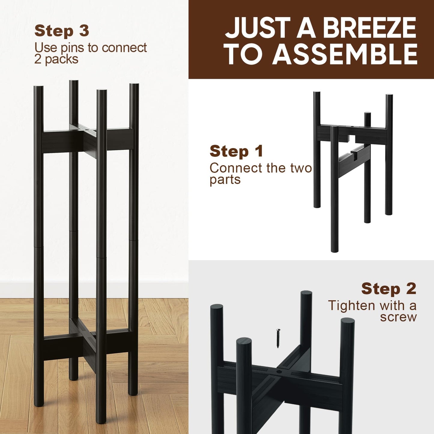 MUDEELA 2 Pack Indoor Plant Stands, 2 Tier Tall Plant Stand 30 inches, Mid Century Bamboo Plant Stand, Adjustable Width 8 - 12 inches, Fits Pot Size of 8 9 10 11 12 inches Pot & Plant Not Included, Black