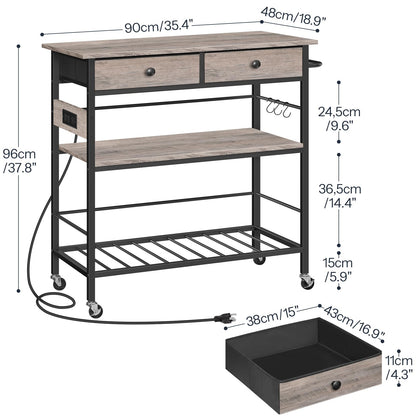 HOOBRO Kitchen Island with Storage, Rolling Island Cart for Kitchen with 2 Drawers & Outlet, 3 Tier Coffee Station and Microwave Stand, Kitchen Island Table for Home, Greige BG08UZD01