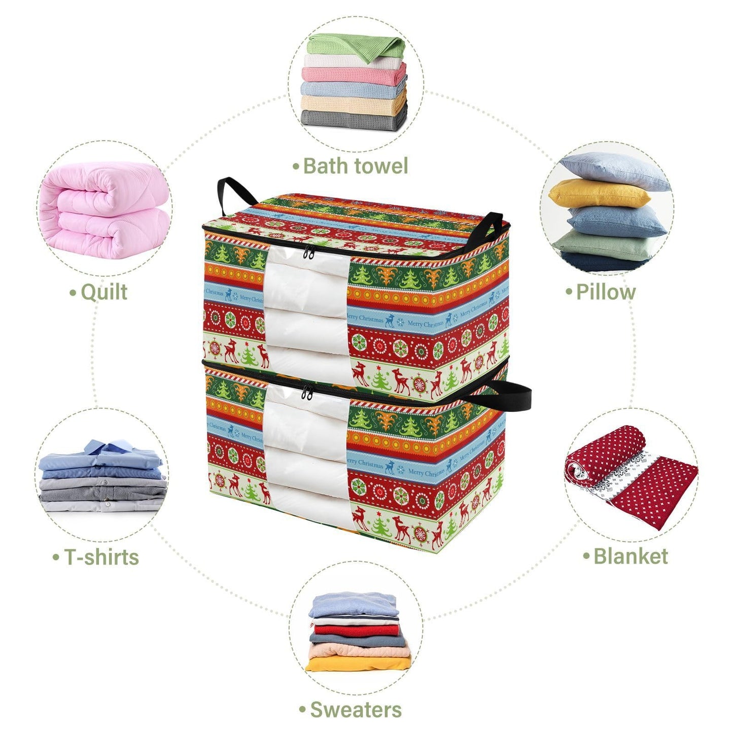 Christmas Clothes Storage Bag Foldable Storage Bin with Handle Zipper Clear Window Closet Organizer for Bedding Blankets 60L