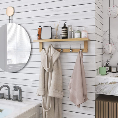 SMIBUY Coat Hooks with Shelf Wall-Mounted, 74 cm Entryway Coat Rack for Wall, Bamboo Hanging Shelf with 5 Double Metal Hooks for Bathroom, Bedroom, Kitchen, Living Room, Mudroom (Natural)