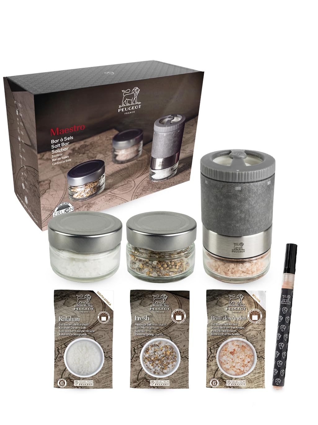 PEUGEOT–Maestro Salt Bar – 10cm Salt Mill with U’Select Adjustment – 3 Premium Salts, 3 Empty Interchangeable Glass Jars, White Marker - Made in France – PEFC-Certified Wood/Stainless-Lt. Graphite