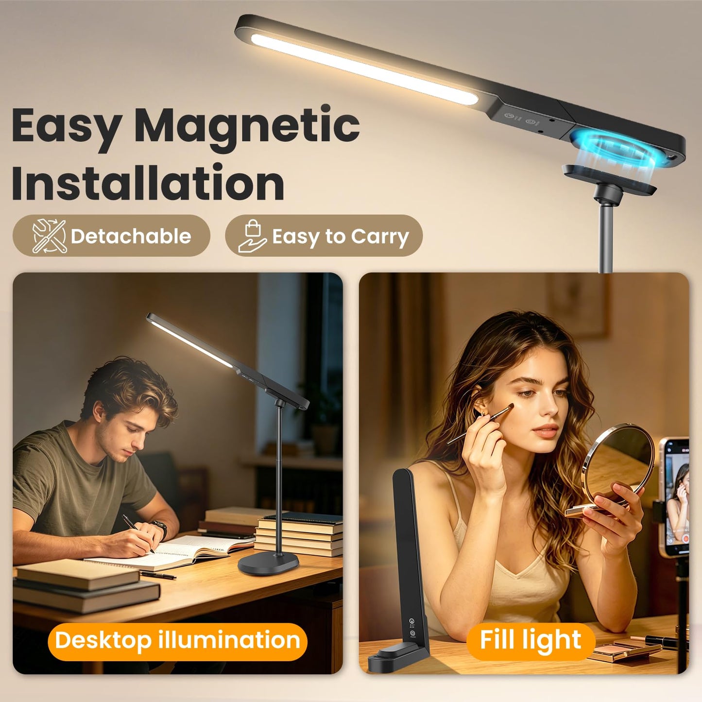 YULINKCO LED Desk Lamp, 3 Color Modes & Dimmable Brightness, Rechargeable Battery-Powered Reading Lamp, Portable Makeup Light, Desktop Lighting for Office, Reading, Puzzles, Working, Night Light