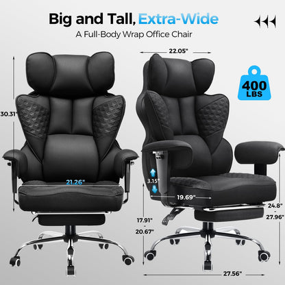 COMHOMA Big and Tall Office Chair Heavy Duty Wide Ergonomic Fabric Deluxe Embossing Designed Gaming Chair with Foot Rest,150°Reclining Adjustable Armrests Pocket Spring Back Support and Pillow