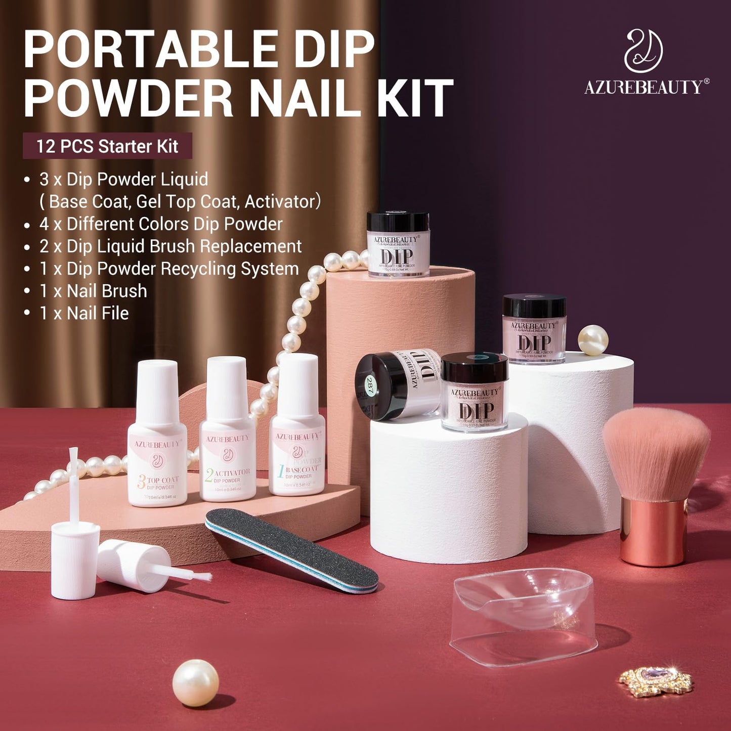 AZUREBEAUTY Dip Powder Nail Kit Starter, All Season Skin Tone Nude Brown 4 Colors Acrylic Dip Powder Liquid Set with Base/Top Coat Activator for French Nail Art Manicure DIY Salon Gifts