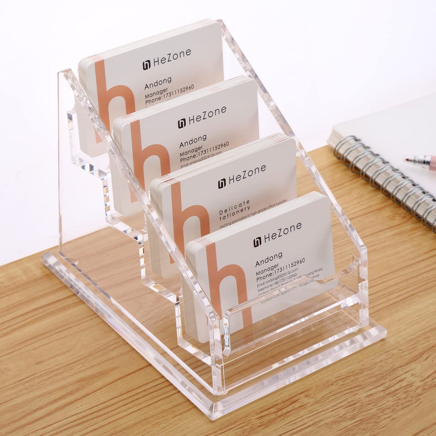 Business Card Holder for Desk Clear Acrylic Business Cards Stand Organizer Business Card holder 4 Slots 4 Tier Tilt Angle Business Card Display Rack-1 Pack