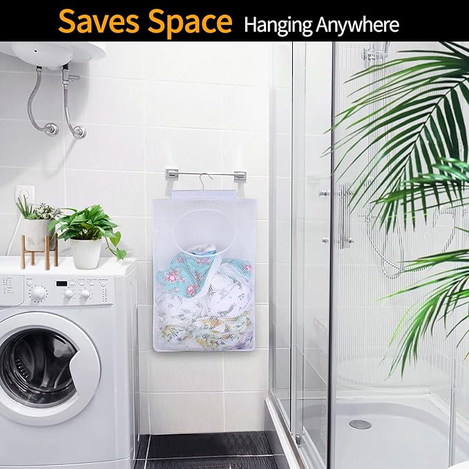 Breathable Mesh Laundry Hamper, Bringing Hooks Foldable Hanging Shower Caddy