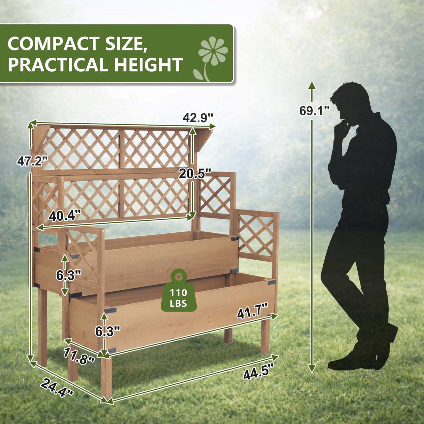 Raised Garden Bed with Trellis, 2-Tier Elevated Planter Box, Wooden Outdoor Planter for Vegetables Herbs Flowers, Lattice Back for Climbing Plants, Modern Minimal Design for Patio Balcony Backyard