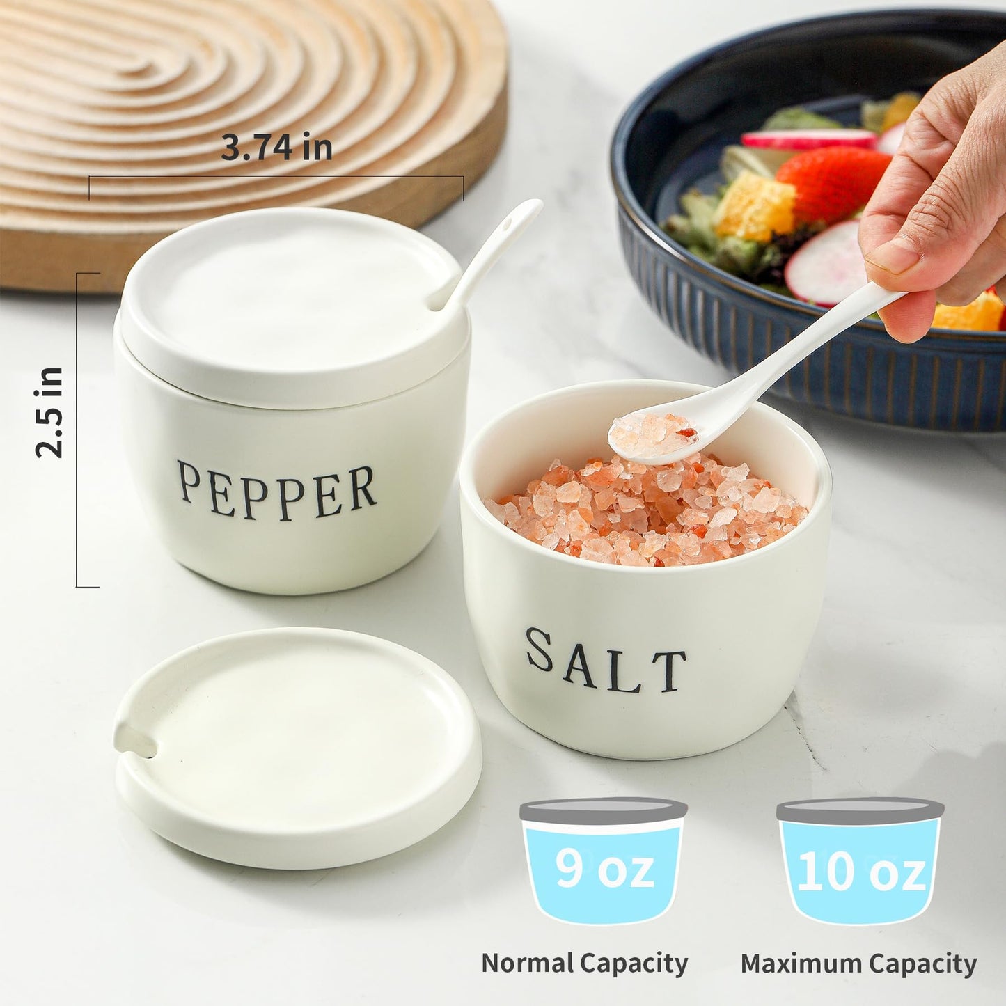 Howise 2 Pack Salt and Pepper Bowls Set, Ceramic Salt and Pepper Containers with Lid and Spoon, White Salt Pepper Holder Set, Salt Box Dish with Lid Easy to clean