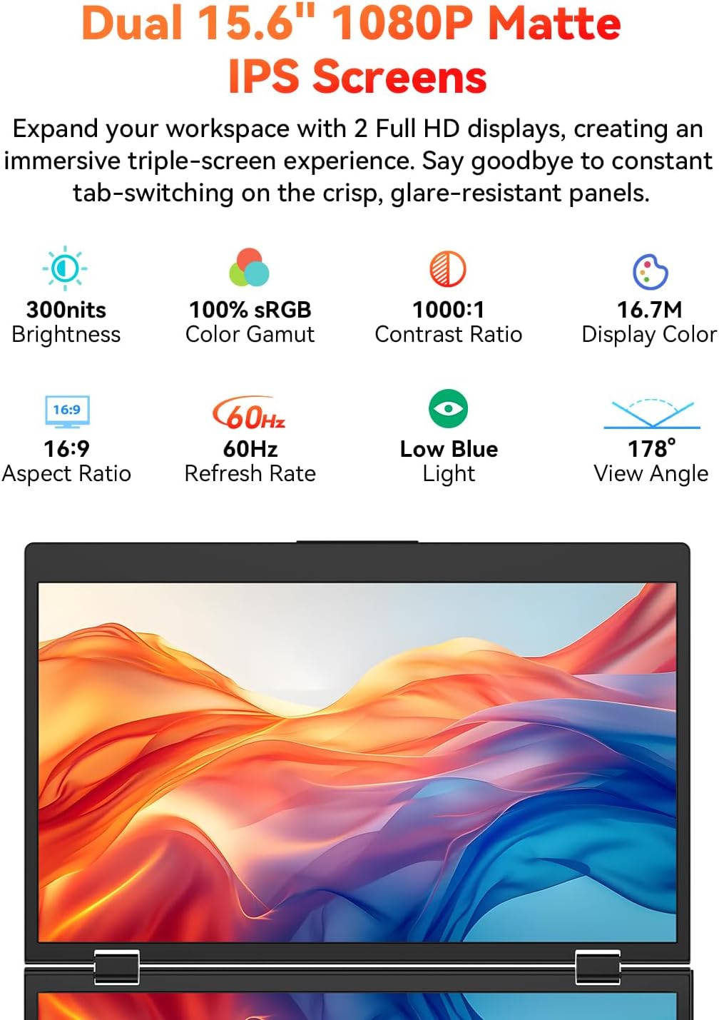 HotYeah Triple Laptop Screen Extender, 15.6" 1080P FHD IPS Folding Stacked Portable Dual Monitor, USB C Travel Extended Computer Display w/VESA, 180°Rotation, Plug & Play for Laptops (Windows Only)