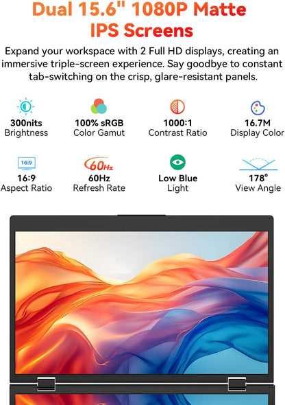 HotYeah Triple Laptop Screen Extender, 15.6" 1080P FHD IPS Folding Stacked Portable Dual Monitor, USB C Travel Extended Computer Display w/VESA, 180°Rotation, Plug & Play for Laptops (Windows Only)