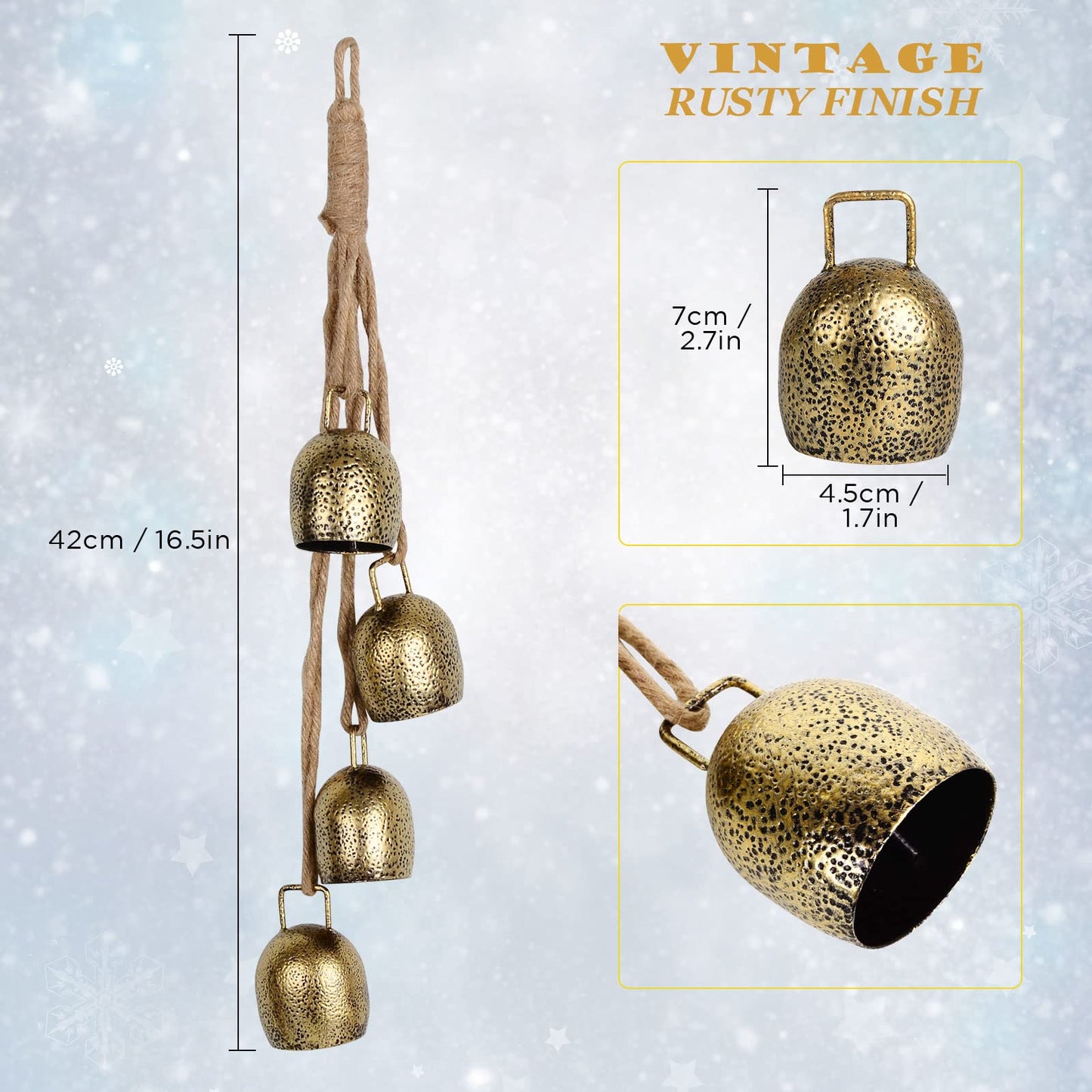 Handmade Chimes Handheld Cow Bell Christmas Decorations for Christmas Tree Garland Doors for Women Mom Gifts Gold Bells Ornaments Decorations