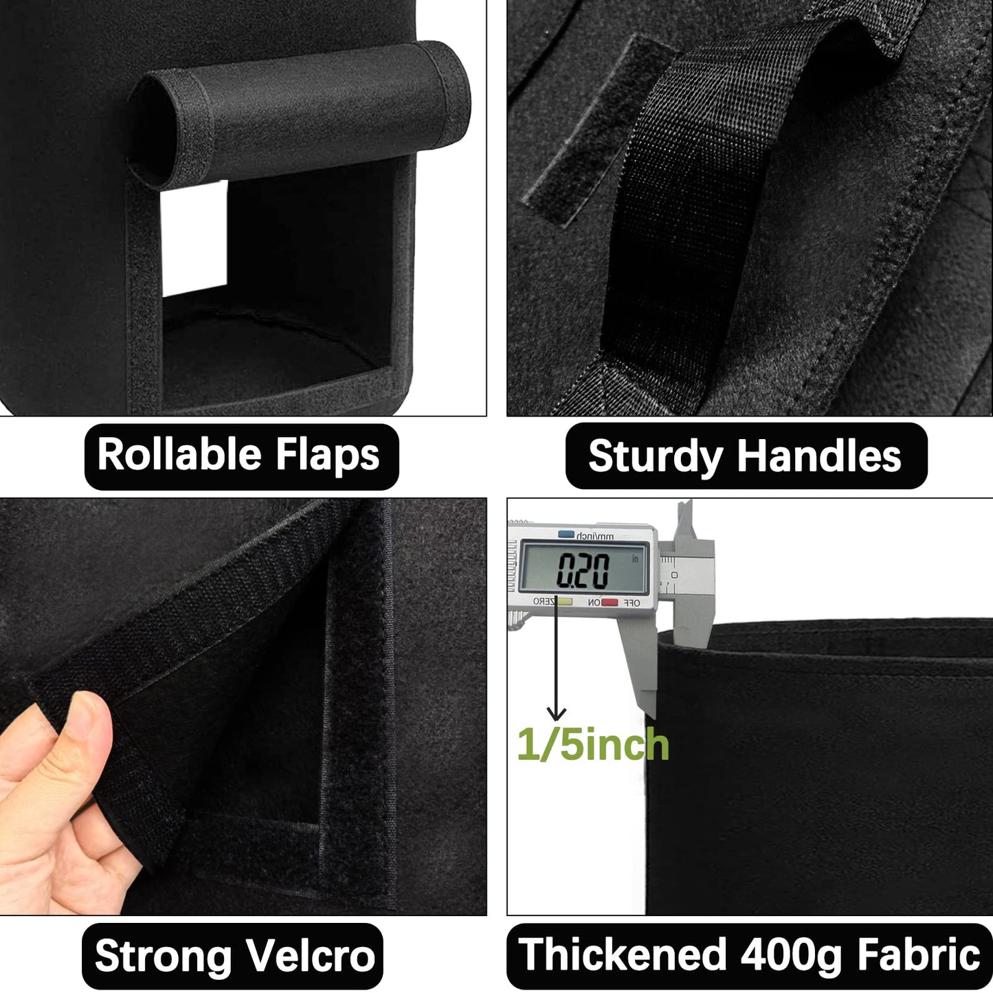 SORANGEUN 2-Pack 15-Gallon+2-Pack 20-Gallon Grow Bags with 2 Flaps and Reinforced Handles,Non-Woven Potato Grow Bags, Thickened Aeration Fabric Pots for Potatoes, Tomatoes, Flowers, and Vegetables