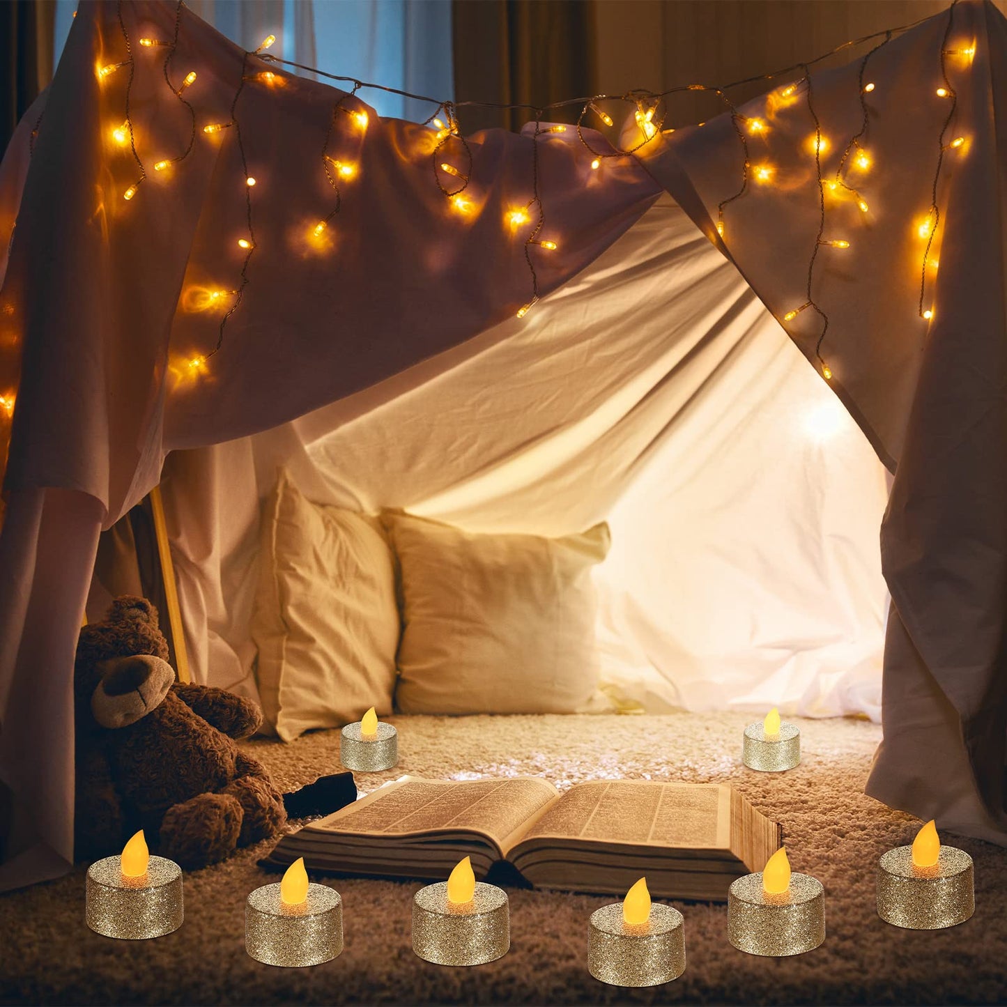 Mudder 24 Pieces Gold Tea Lights LED Candles Tealights Flameless Votive Battery Operated Tea Lights Electric Glitter Tealight for Holiday, Festival Gift, Wedding, Birthday,Home, Party Decor